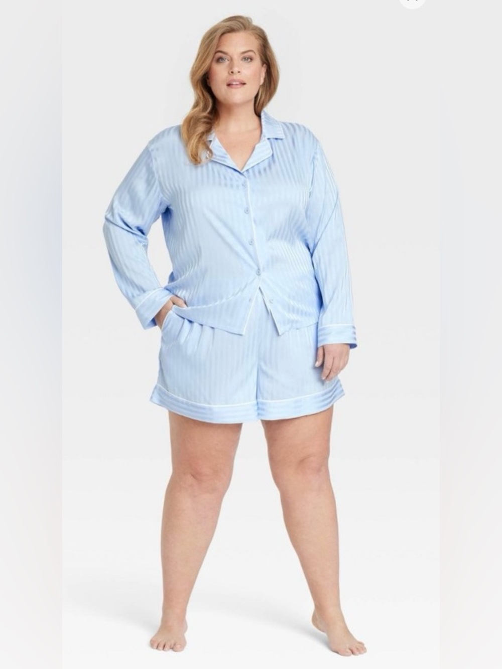 Women's Luxury Collection Shadow Stripe Satin Top & Shorts PJ Set Auden Blue 3X